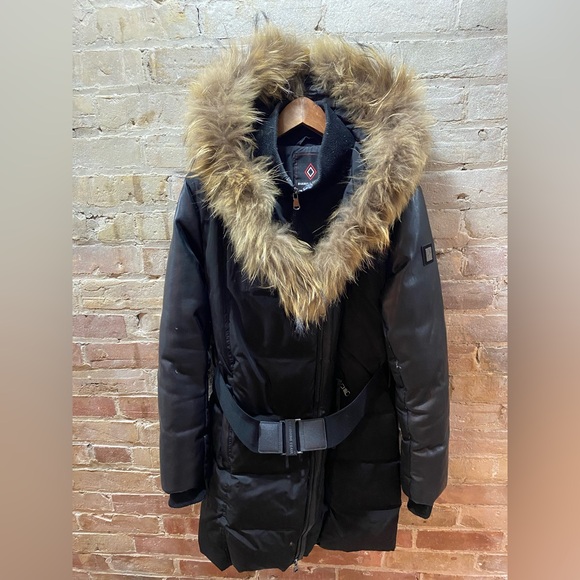 Fur-trim down-filled winter coat with faux leather details and belt - Picture 1 of 5
